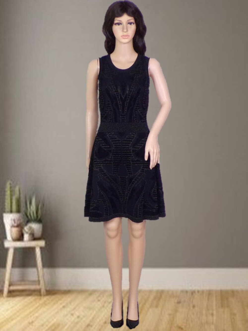 SANDRO PARIS black/gold-metallic sleeveless fit/flare dress unknown small size